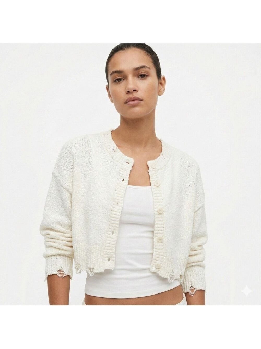 ZARA Poly Cotton Blend Shredded & Ripped Cropped Button Front Cream Cardigan M